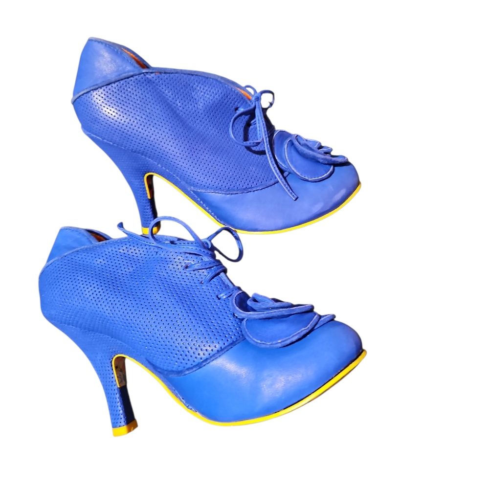 Irregular Choice Blue and Orange Lace Up Boots with Whimsical Design